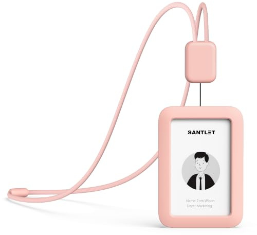 SANTLET Lanyards for ID Badges Holder, Soft Silicone, Retractable Cord | Clean Quiet Profile with 2 Card Slots, Safety Breakaway Buckle for Office Staff, Teachers, Employees, Cruising, Vertical Pink