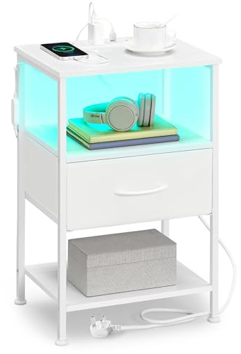 SONGMICS Bedside Table with Charging Station, Modern basic, 1 Drawer | Side End Table, App-Controlled Adjustable LED Lights, 2 Shelves, Cloud White, Bellah Collection LGS301WH02