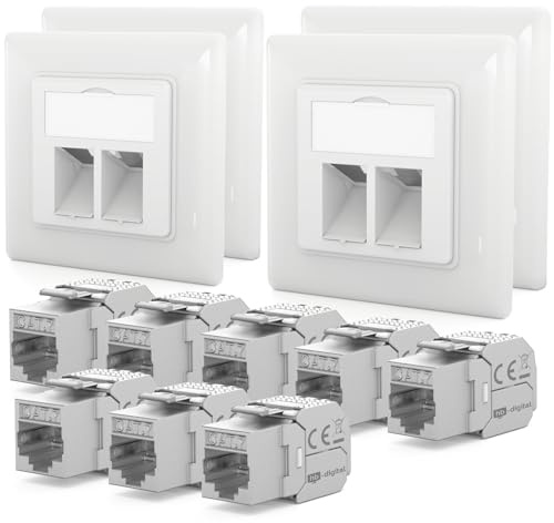 HB-DIGITAL 4 Stück 2-Port CAT 7 Netzwerkdose mit werkzeuglos Keystone max. 10 GBit/s Unterputz Netzwerkdose RJ45 Buchse STP Geschirmt RJ45 Datendose LAN Dose - Signalweiß RAL 9003