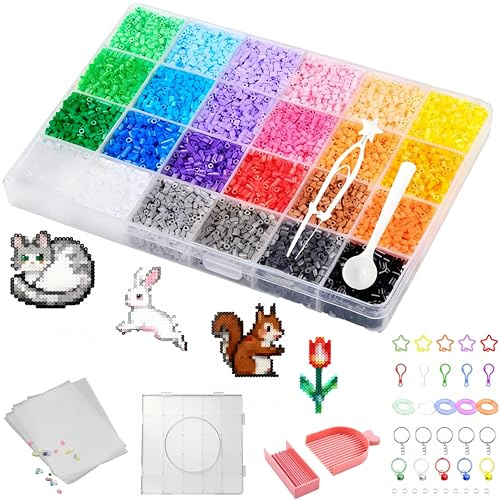 Fuse Beads 12000PCS Perler Beads, Iron Bead for 2.6mm 24 Colors, Includes Five Iron-on Transfer Sheets, Keychain SetDIY Creative Handmade Crafts (with Scale Lines)