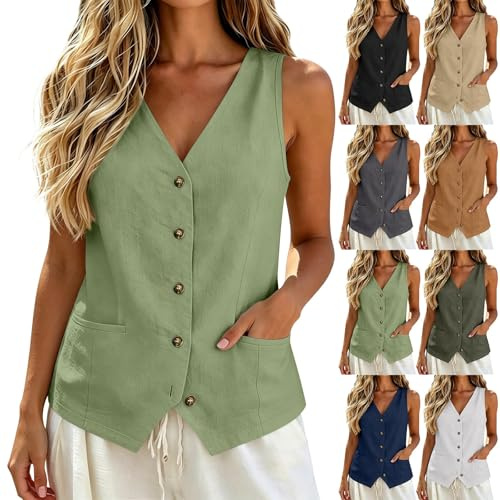 Gilet Donna Cotone,Camicetta da senza maniche con bottoni，tinta unita, estiva,da spiaggia classica canottiera,lino casual stile estivo camicetta a tunica，per lavoro, vacanze, senza maniche, blazer