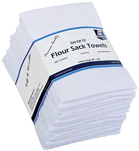 Flour Sack Kitchen Towels (White,12 Pack) 100% Cotton,28x28 Inch Cloth Napkin, Bread wrapper, Cheesecloth, Multi Purpose Kitchen Dish Towels,Bar Towels, Extremely Absorbent & Sturdy By Excellent Deals