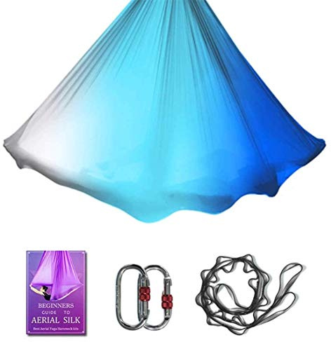 Aerial Yoga Hammock L:5M W:2.8M Aerial Pilates Silk Yoga Swing Set with 2000 Ibs Load Include Daisy Chain, Pose Guide (Gradual Change Blue)