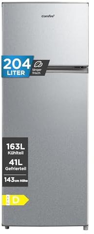 Comfee' Kühlschrank mit Gefrierfach | 204L Kühl-Gefrierkombination, 143 cm Höhe | 137 kWh/Jahr, Low Frost, Leise 39 dB, LED-Licht, Inverter Kompressor, Freistehend Silber RCT210DS3EU(E)