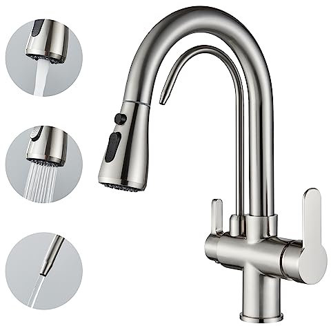 Saeuwtowy Grifo de Cocina 3 Vías Ósmosis, Grifo Osmosis con 2 Palancas, Grifo Osmosis Fregadero Giratorio a 360°, Ducha Extraíble, Acero Inoxidable Cepillado