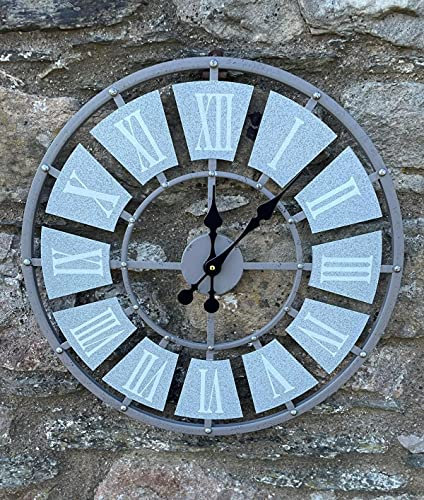 HH Home Hut OUTDOOR GARDEN WALL CLOCK WEATHERPROOF ORNAMENT LARGE INDOOR GIANT OPEN FACE METAL 58CM (Grey)