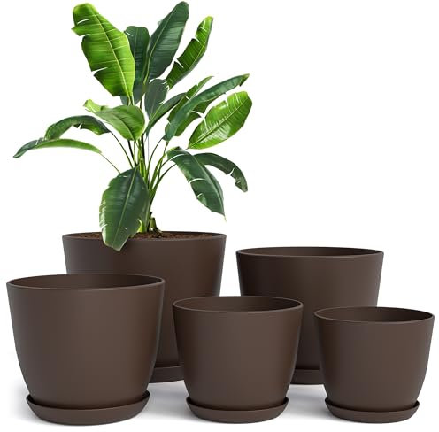Utopia Home Lot de 5 Pots de Fleurs 18/17/15/13/12 cm Plantpot avec Soucoupe pour la Cuisine, Le Balcon, Les Plantes de Jardin, Les Pots de Fleurs de pépinière pour l'intérieur Marron.