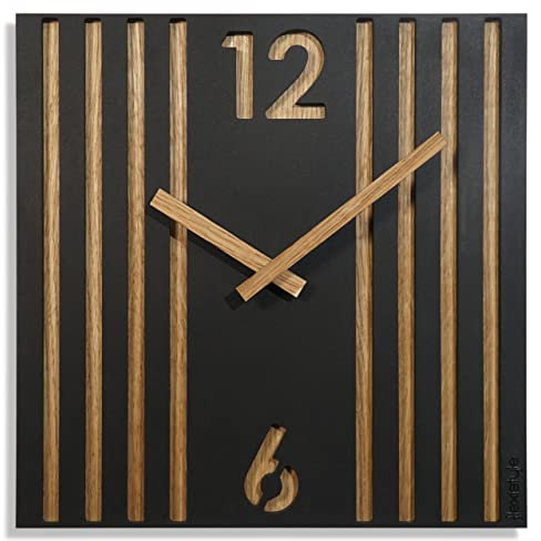 FLEXISTYLE Quadratische Wanduhr ohne tickgeräusche modern LAMELE 30cm Holz Eiche schwarz Wohnzimmer ohne tickgeräusche