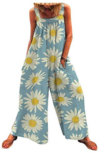 Jumpsuit Flieder Damen Sexy Overall-Druck-beiläufige Mode-Blumenfrauen-Overall-Druck-Sommer plus Größen-Overall Einteiler (Blue, XL)