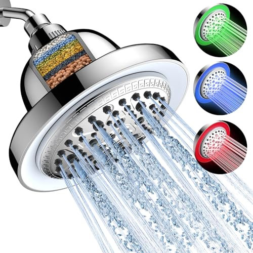 FEELSO Filtered Shower Head with LED Color Changing, 7 Modes High Pressure Rain Shower Head with Filters, Water Softener Showerhead for Hard Water Remove Chlorine, Reduces Dry Itchy Skin & Hair