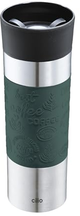cilio Isoliertrinkbecher VIAGGIO | Edelstahl Thermobecher to go | Deckel aus Kunststoff | 360° Trinkverschluss | Doppelwandsystem | Bruch- und auslaufsicher | 500 ml, Höhe: 22,5 cm | Dunkelgrün