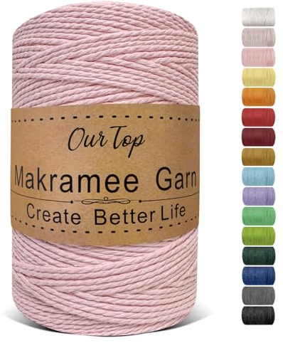 OurTop Premium makramégarn, blush, 2 mm x 500 m, makramésnöre, makramésnöre, garn för gör-det-själv-hantverk, vävning, dekoration, hängande växt växt hängare