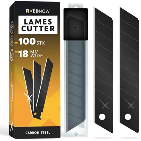 FixedNow 100 x Cuttermesser Klingen 18mm extra scharf aus japanischem Carbonstahl I Profi Abbrechklingen schwarz für Cutter Messer & Teppichmesser I Kattermesser Ersatzklingen, Knife Blade
