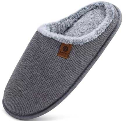 ONCAI Men's House Slippers，Cushion Memory Foam Shake Fleece and Man House Shoes with Faux Fur Lining and Indoor Outdoor Rubber Soles Plush Grey Size 9 UK