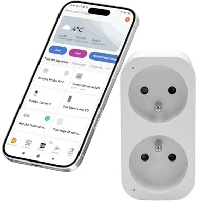 Konyks Priska Duo FR prise double Wi-Fi + BT, contrôle ON/OFF à distance, suivi de la consommation des 2 appareils simultanément, compatible Smartlife et Tuya, Amazon Alexa et Google Home