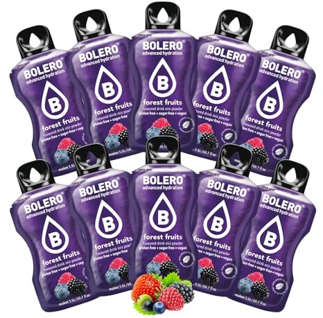 BOLERO Fruits des Bois - 10 sticks de poudre aromatisante sans sucre | Arôme fruits des bois - 1 stick de 9 g pour 4 litres d'eau - Édulcoré à la stevia - Sans conservateur ni colorant artificiel