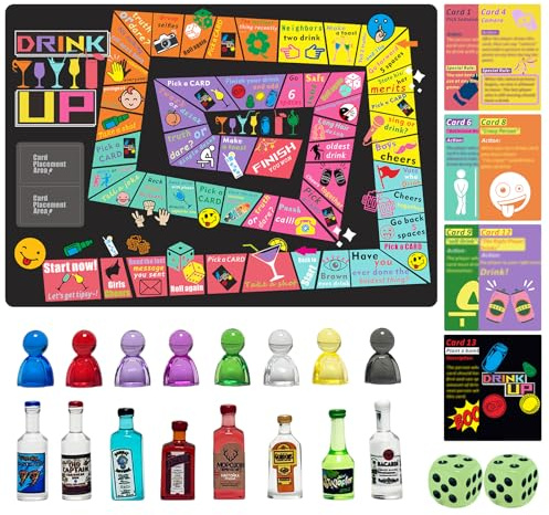 Drinking Game for Adults – Drinking Board Game Large Rubber Mat with 52 Drinking Cards, Mini Bottle Pieces – Funny Party Game for Game Night, Bachelorette or Any Occasion, 2-8 Players, Age 21+
