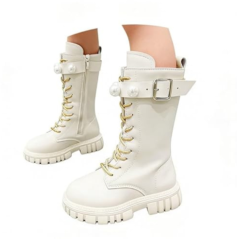Girls White Boots Kids Stars Lace Up Riding Boots Mid Calf Combat Booties PU Leather Side Zipper Punk Goth Boot 4-12 Years