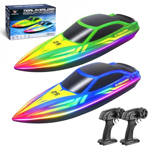 Cirmine RC Boat 2 Pack Remote Control Boats with 7-Mode Colorful LED Lights, 10 Inch RC Boats, 15KM/H High Speed, 2.4GHz Remote, 3 Speed Modes, 4 Batteries, for Kids & Adults, Pool & Lake Racing