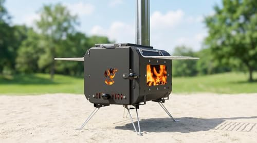 Hot Tent Stove, Wood Burning Stove, Portable Wood Stove for Camping, Tent Heaters with Chimney and Grill for Outdoor Cooking & Heating, Ice-Fishing, Cookout, Hiking, Travel, Black