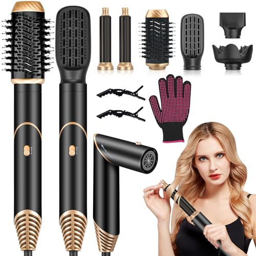 KYN 6 in 1 Pettine a Vento Caldo, Spazzola ad Aria Calda Asciugacapelli, Pieghevole Spazzola Térmica con Ferro Arricciacapelli Automatico Rotativo 30mm, Ceramica Ionica Hairstyler per Lisciare