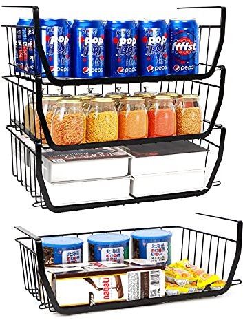 4er-Pack Schwarz Unterregal Aufbewahrungskorb, Unterregal Hängender Metalldraht Aufbewahrungskorb Organizer für Küche, Speisekammer, Bad, Schrank
