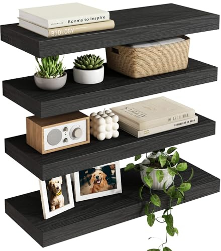 Fixwal Black Floating Shelves for Wall, Rustic Wood Shelves for Bathroom, Living Room, Bedroom and Kitchen, Wall Shelves for Storage, Books, Room Decor (Set of 4, 15.8 Inch)