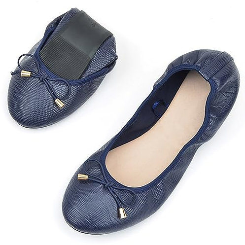 Dernolsea Ballet Flats for Women, Slip On Foldable Ballet Pumps Bow Tie Flat Dolly Ballerina Shoes Navy Blue Size 7.5