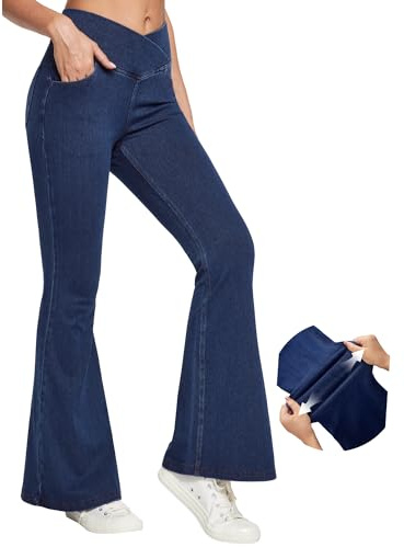 IUGA Stretchy Bell Bottom Jeans for Women Sweatpant Jeans V Cross High Waisted Jeggings Pull On Bootcut Jean Flare Leggings(31, Dark Blue, Medium)