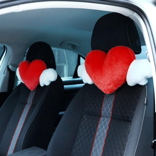 Macarrie 2 cuscini in peluche a forma di cuore con ali d'angelo per poggiatesta auto, morbido e confortevole, cuscino per auto, per guida, viaggi, ufficio, auto, 50 x 21 cm (rosso)