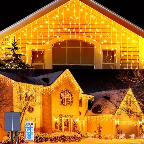 OPAHUTER Solares Cortina Luces Exterior, 3 M 128 LEDs Luz de Carámbano con 8 Modos, Impermeable Cortina de Luces, Control Remoto, Guirnalda Luces de Cascada para Navidad Fiesta Balcón Boda