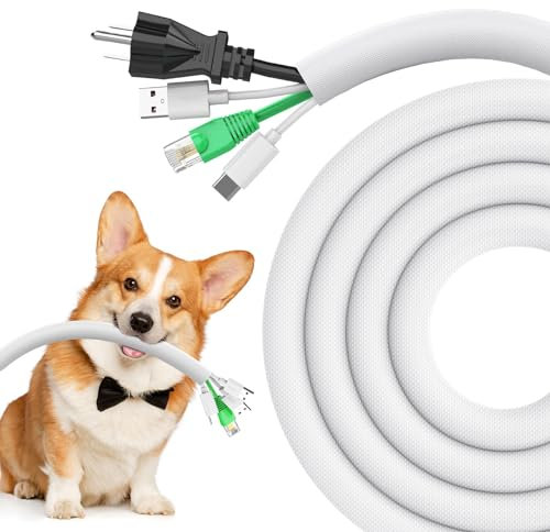 REFLYING Protecteur de Cordon pour Chien et Chat, 3 Mètres -12,7mm Gaines de Câbles, Protéger les fils de la Mastication des Animaux Domestiques, Manchon de Gestion des Câbles Tressé Extensible, Blanc