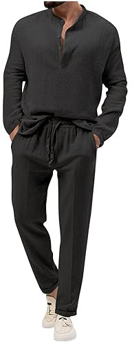 Zweiteiler Leinen Freizeitanzug Herren Leinenanzug Sommer 2-Teiliges Shirt Langarm und Strandhose Aus Baumwolle und Leinen Casual Hausanzug Jogginganzug Yoga Anzug