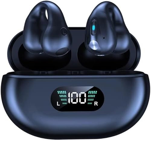 Panlouting Cuffie Bluetooth 5.3 Auricolari Clip Open-Ear IPX5 Impermeabile Cancellazione del Rumore Tocca Controllo Microfono con Scatola di Ricarica (Nero 2)