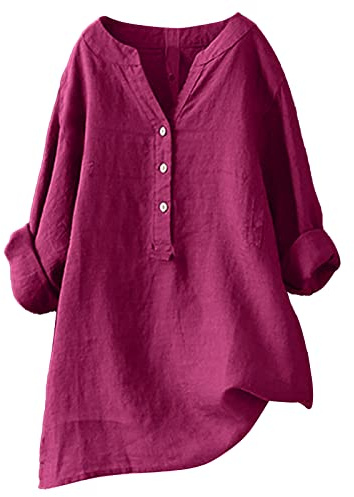 Chemisier Femme Chic et Élégant Coton Et Lin Chemise Col en V Bouton | Eté Manches Longues Printemps Tshirt Couleur Unie Respirant Coton Lin Tunique Grande Taille Pas Cher