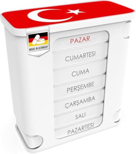 Kerpers® Pilulier pour 7 jours - Fabriqué en Allemagne - Pilulier avec 4 compartiments - Matin midi soir nuit - Boîte à médicaments pour comprimés et suppléments (1 x turc)