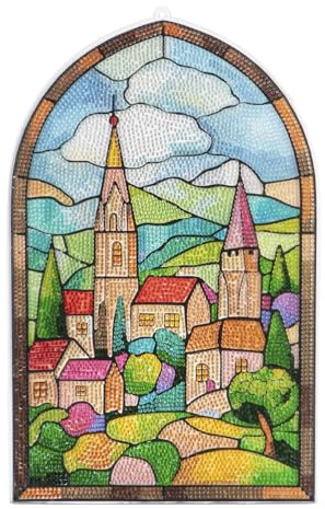 Ideen mit Herz Cuadro para ventana de pintura de diamantes, aspecto de cristal, decoración y bricolaje, material: PET (pueblo de verano)