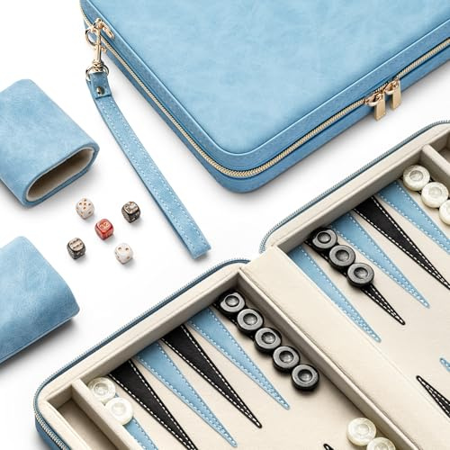 Lingle Backgammon Sets for Adults, Classic Board Game with Folding Faux Leather Backgammon Case, Portable Travel Backgammon Game Set (Blue)