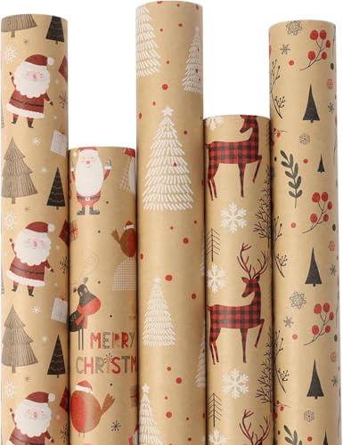 ONBAGLST Lot de 5 rouleaux de papier cadeau de Noël de 43 x 15 m - 5 rouleaux de papier cadeau de Noël de 3 m - Pour boîtes cadeaux et décoration.