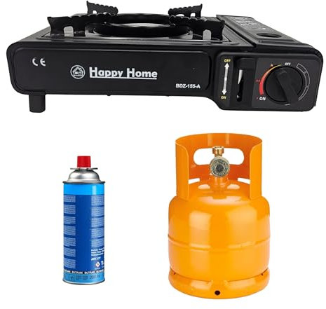 Hornillo de gas portátil para camping con doble casquillo cartuchos de butano o bombona GLP, negro, maletín y cocina exterior ajustable, 34 x 28,5 x 8,4 cm