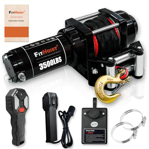 FITHOIST 3500 lb ATV Winch with Red Synthetic Rope - IP68 Waterproof 12V Electric Winch for Boat Trailer Towing