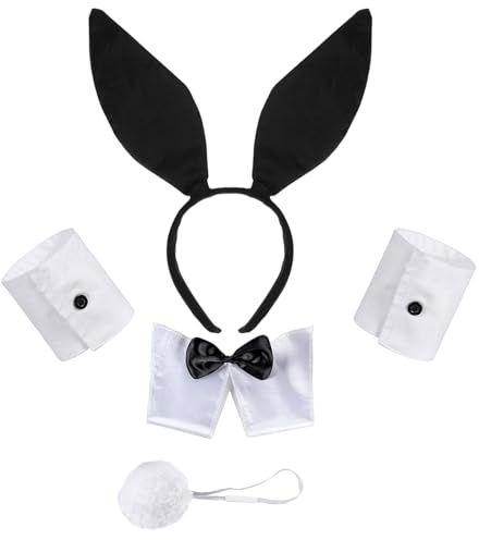 BOGCLEE Conjunto de Disfraz de Conejo para Mujer, Orejas Conejo Disfraz, Incluye Diadema con Orejas, Cuello con Pajarita, Puños y Cola, para Fiestas de Disfraces de Halloween