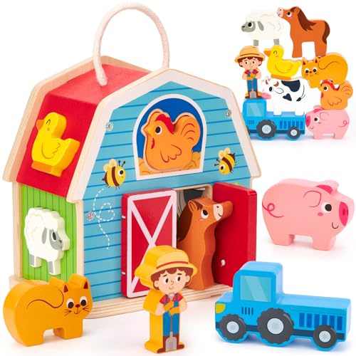 hahaland Giochi Bambini 1 2 Anni, 4 in 1 Giochi Montessori Legno Impilabili con 7 Animali da Fattoria & Fienile, Regalo Educativo Bimbo Bimba 1 2 3 Anni