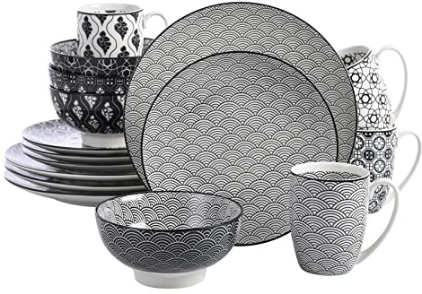 Vancasso, série Haruka, 16 pièces, pour 4 personnes, 4 * assiette plate, 4 * assiette à dessert, 4 * bol céréal, 4 tasses, en porcelaine, style japonais