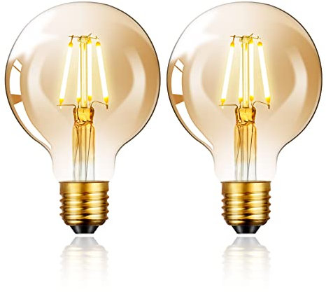 Vintage Edison LED Light Bulb, E27 Screw Bulb 4W (Equivalent to 40W) G80 Globe Decorative Light Bulbs Warm White 2800K LED Filament Lamp Amber Glass for Retro Lighting - Pack of 2