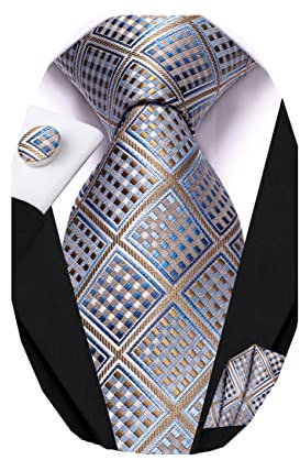 Dubulle Mens Blue Brown Checks Floral Silk Tie for Men Striped Necktie and Pocket Square Cufflinks Set Wedding Business