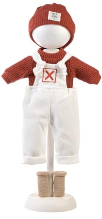 Llorens 1004203 - Abbigliamento per bambole da 42 cm, set di vestiti con salopette bianche, maglione lavorato a maglia e berretto a maglia, colore rosso, accessorio per bambole