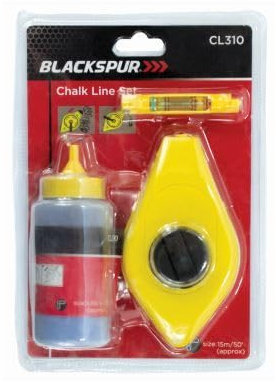 3pc Yellow 15m Chalk Line Set - Builders Plumb Straight Level Marking Marker Measure Tool Kit with Reel & Blue Refill - by Blackspur