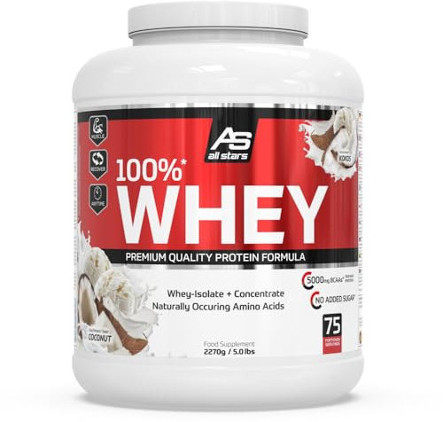 All Stars 100% WHEY PROTEIN 2270g I Eiweiß-Pulver mit Whey-Konzentrat & Isolat I leckeres Low-Fat Powder I hochwertiges Protein-Pulver I cremiger Protein-Shake mit Coconut-Flavour