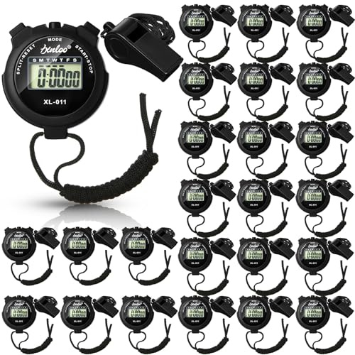 Simgoing 48 Pcs Digital Stopwatch Timer Plastic Whistle Bulk for Sports Coaches Referee Waterproof Watch Timer Whistle with Lanyard Multi Function Electronic Fitness Date Alarm (Black)